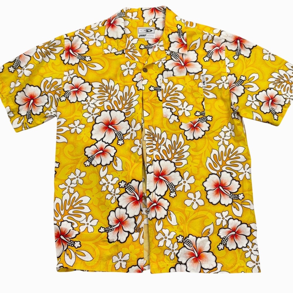 Good Vibes Shirt Men L Yellow Red Vibrant Floral Hawaiian Tropical Resort Cruise
